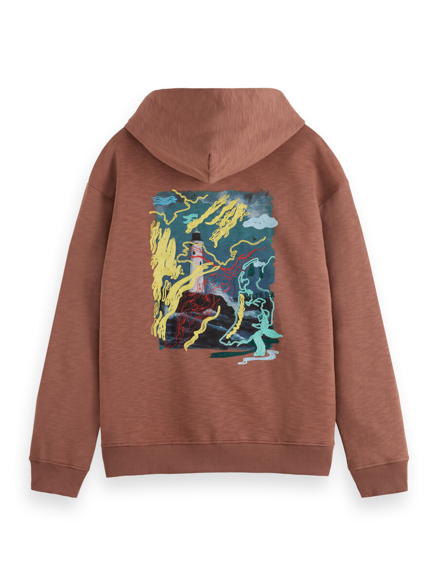 sudadera con capucha con ilustración de faro en la parte delantera y trasera