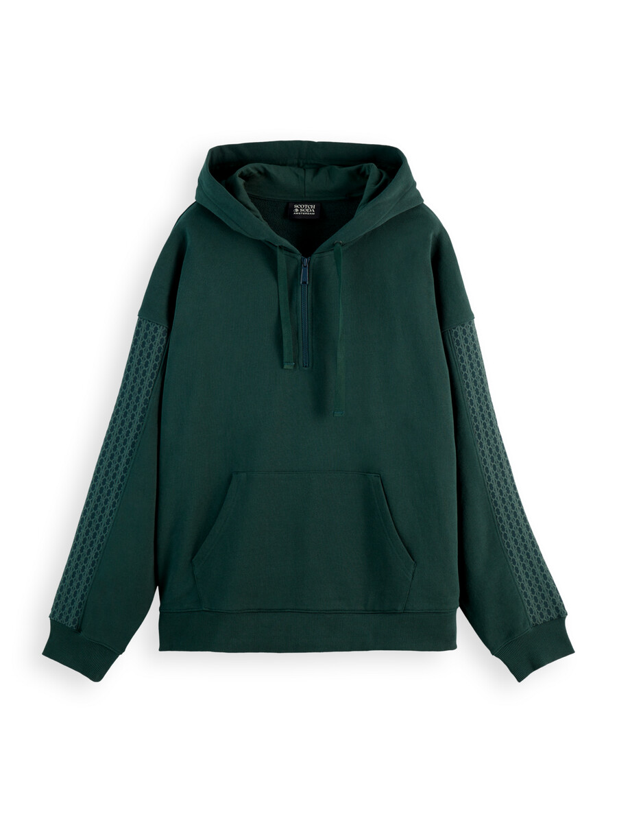 sudadera con capucha holgada con media cremallera y ribete de canalé
